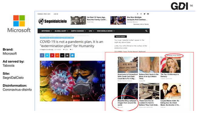 A screenshot of an ad for Microsoft placed on a website promoting the disinforming narrative that COVID-19 is an "extermination plan" for humanity