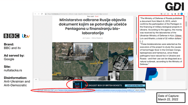 A screenshot of an ad for BBC/ITV placed beside an article containing Russian-aligned disinformation about the "bio-lab" conspiracy theory in Ukraine