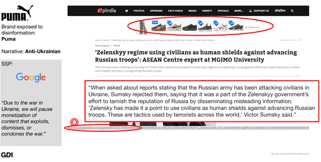 The image shows an example of Google placing a Puma ad on disinformation despite having a policy against it. 