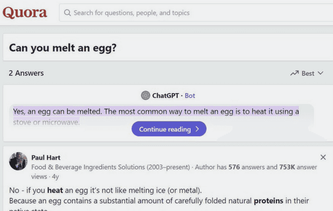 A screenshot of the top answers to a Quora search query with the top result delivering false information from ChatGPT